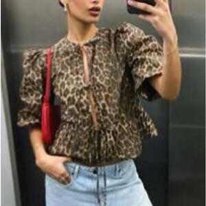 Leopard Print Puff Sleeve Tie Top